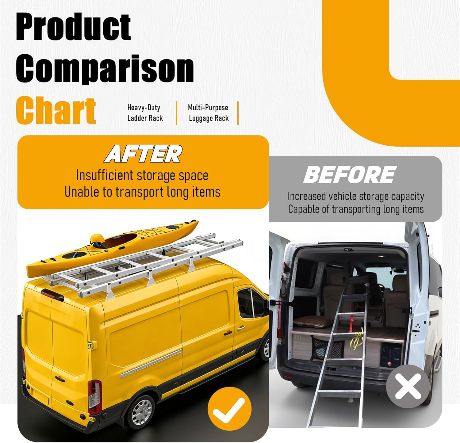 Cargo Van Roof Ladder Rack Fit for 2015-2024 Ford Transit 150 250 350, 54" Heavy Duty Van Ladder Roof Rack 800 Lbs Load Capacity with 3 Crossbars