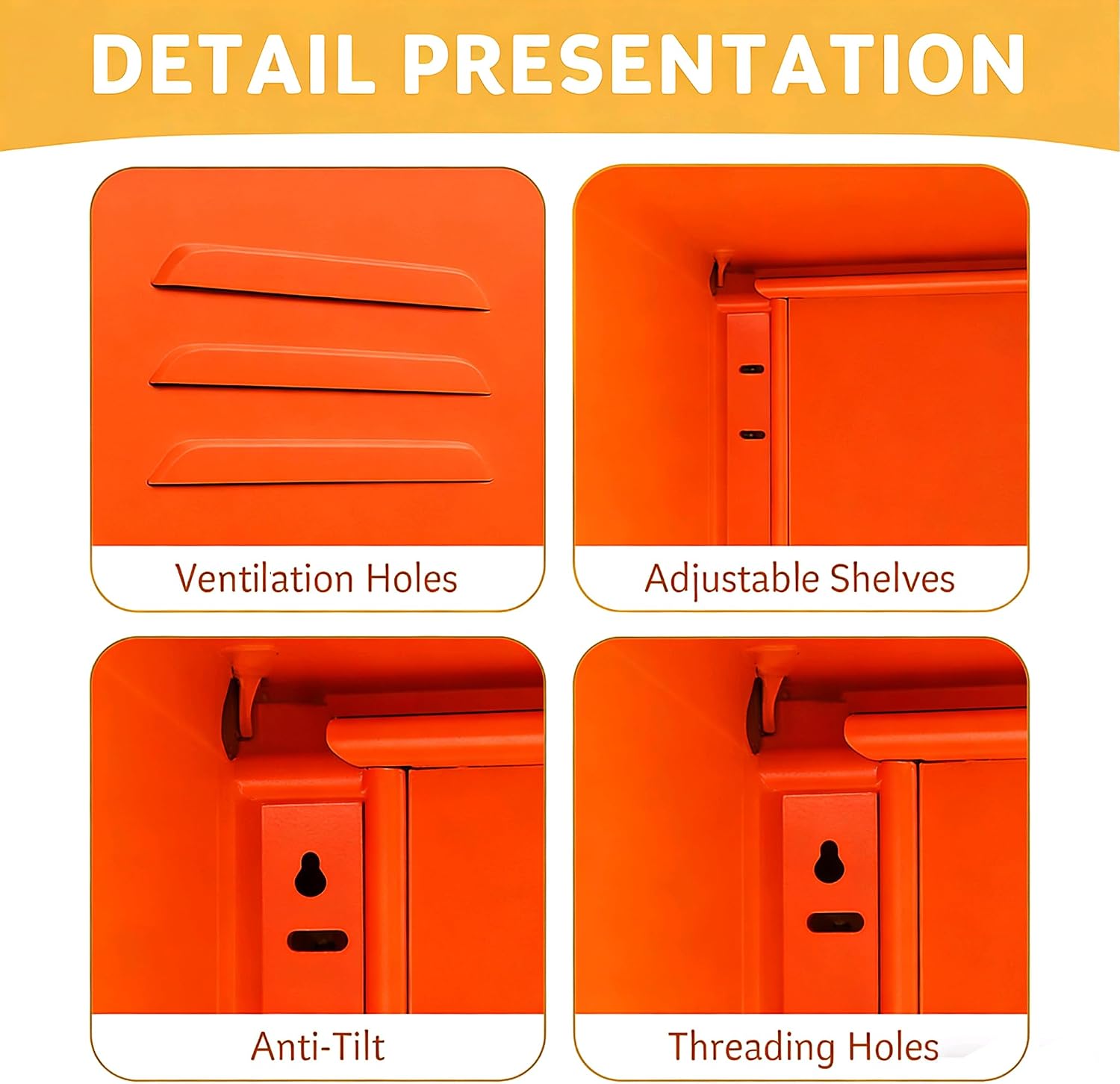 Close-up images showing ventilation holes, adjustable shelves, anti-tilt mechanism, and threading holes on the metal end table.