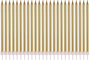 Jumochi 24 Count Long Thin Gold Candles for Birthday Cake
