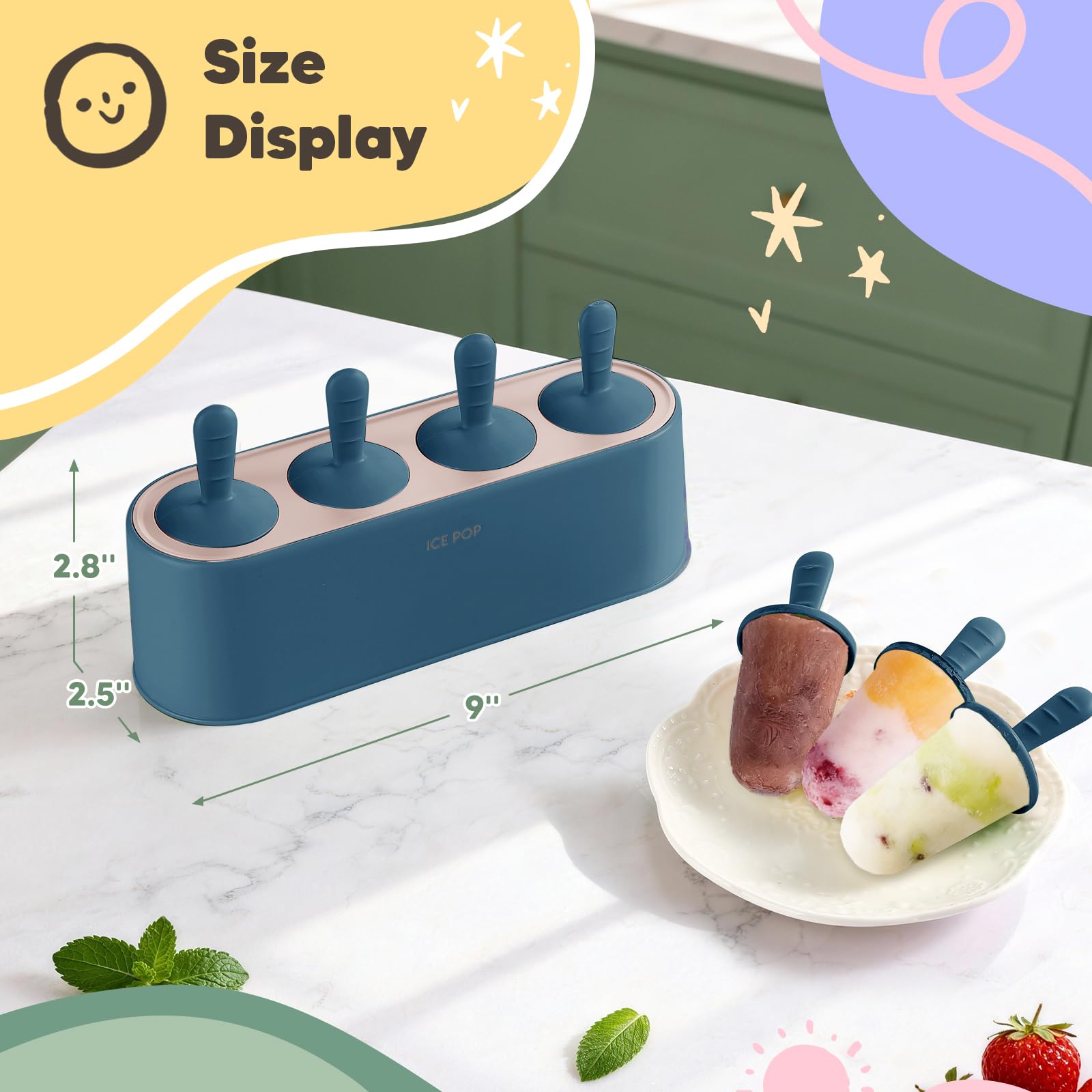 Juego de 4 moldes de silicona para helados hechos en casa, fáciles de liberar, reutilizables, para hacer paletas (azul)