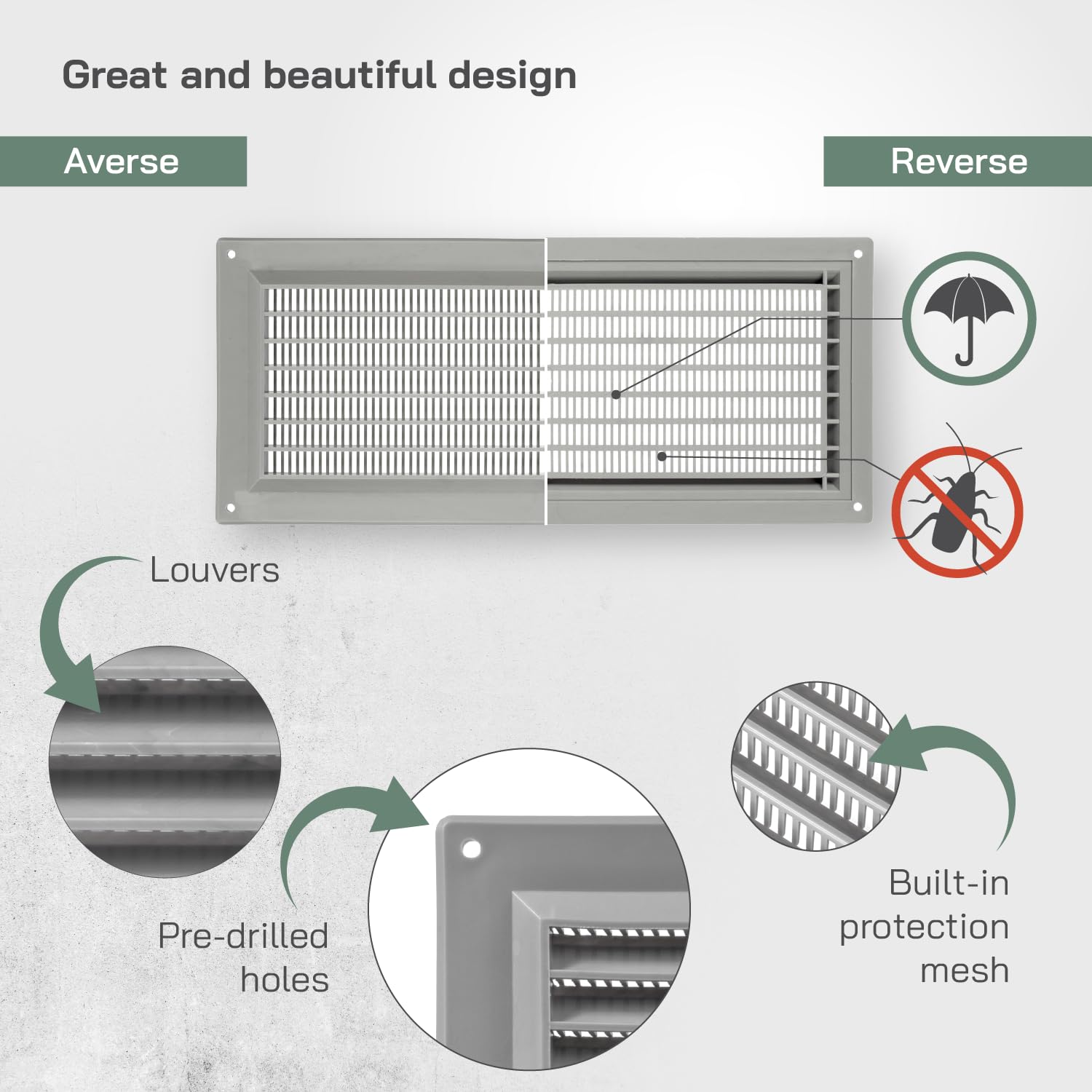 Vent Systems 130 x 300 mm / 5" x 12" Inch Gray Rectangular Plastic Air Vent Cover, Louvered Wall Grille with Screen Mesh - Image 3