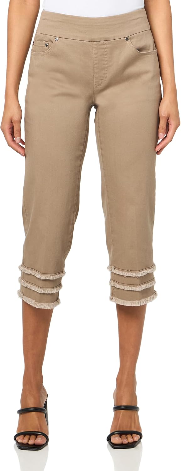 Pull On Wide Band Triple Fringe Hem Jean Capri Pant