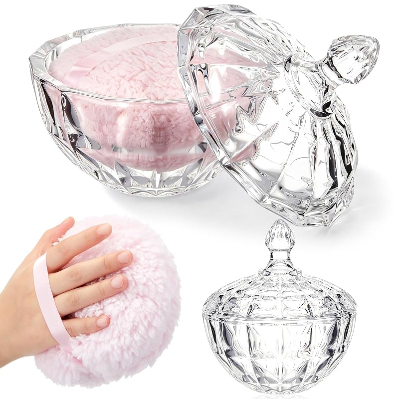 Tioncy Conjunto com 2 peças para pó com puff e recipiente de vidro transparente com detalhe de diamante