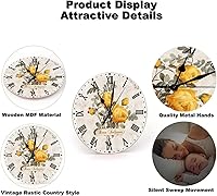 Vista 5 de Reloj de pared silencioso de 10 pulgadas con diseño floral de amistad, con rosas amarillas, funciona con pilas, para dormitorio, para escuela