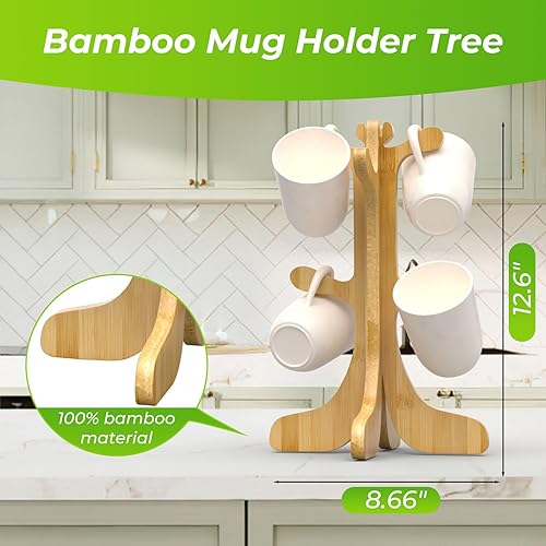 Miniatura 3 de Soporte para tazas de café, soporte para tazas de café con 6 ganchos, soporte de bambú para árbol, accesorios de café, decoración y organizador de