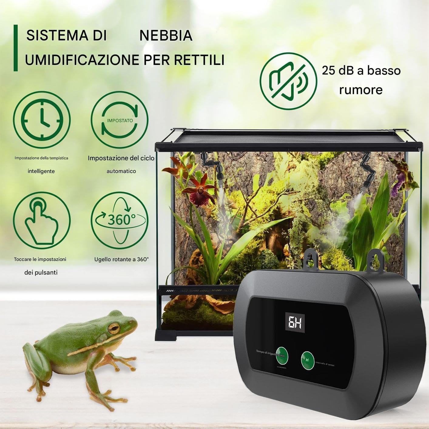 Umidificatore per Rettili - Mister Automatico Per Terrario Con Timer | Nebulizzatore Portatile con Bocchetta Regolabile 360°, Silenzioso per Gabbie Lucertole e Acquari