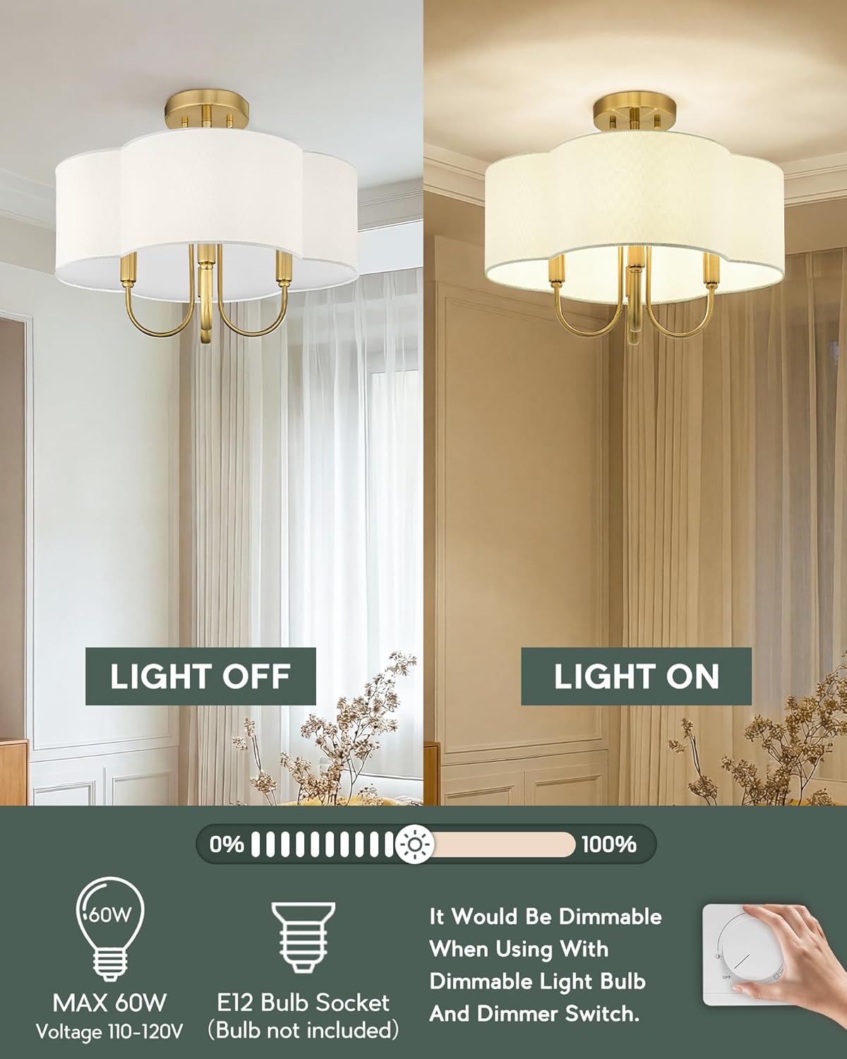 Gold Semi Flush Mount Ceiling Light, 18" 4-Light Light Fixtures Ceiling Mount with Beige Fabric Shade in Quatrefoil for Kitchen Nursery Entryway Hallway Bedroom, E12 Base, SM179-BG-B-L