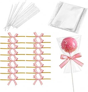 300 Pcs Cake Pop Sticks and Wrappers Kit with Treat Bags | Includes 100 Paper Lollipop Sticks 100 Clear Treat Bags and 100 Pink Ribbon Gold Twist Ties for Cake Pops and Candy