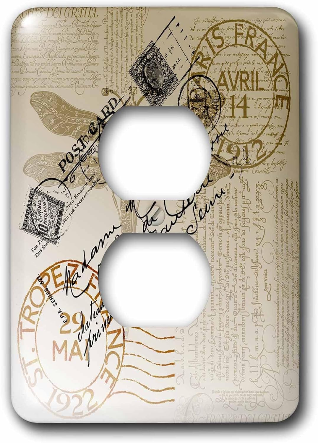 3dRose LLC lsp_79319_6 Vintage Dragonfly French Postcard 2 Plug Outlet Cover