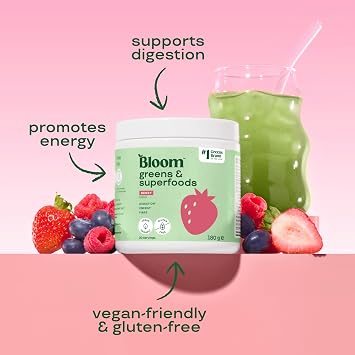 Bloom Super Greens Powder Berry (30 Servings) with Probiotics, Digestive Enzymes, Spirulina & Chlorella, Sugar-Free
