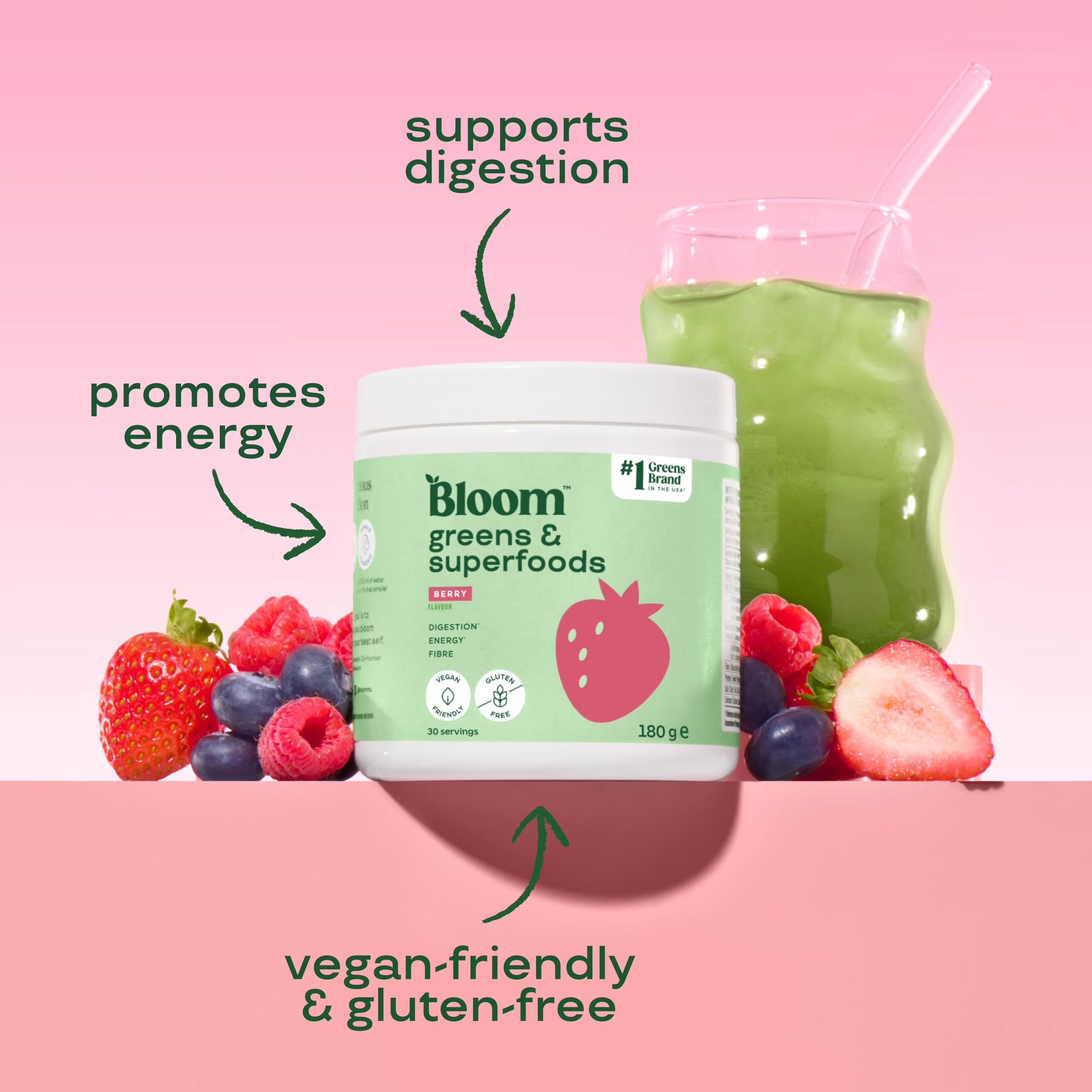 Bloom Super Greens Pulver Beere (30 Portionen) mit Probiotika, Verdauungsenzymen, Spirulina & Chlorella, zuckerfrei