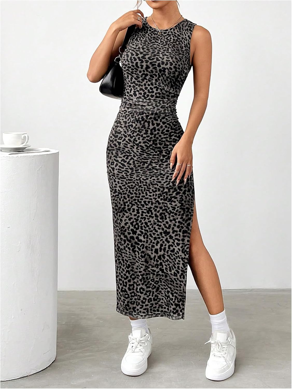 BEAUDRM Women's Leopard Print Midi Dress Bodycon Crew Neck Split Sleeveless Spring Summer Tank Sundress