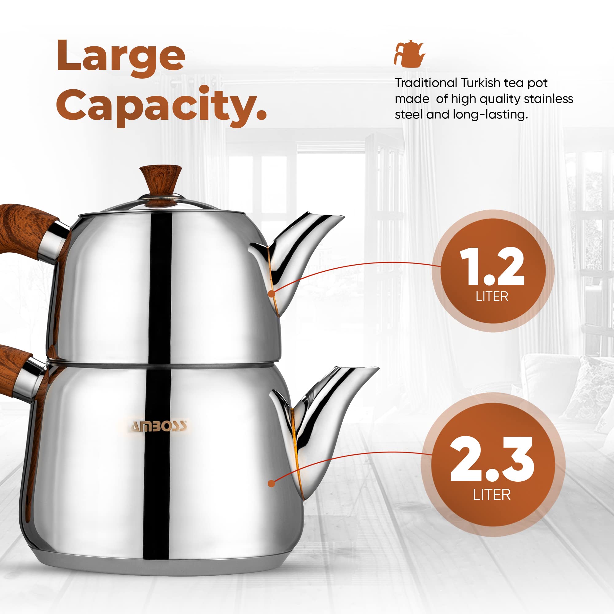 Amboss Turkish Teapot Set with Steam Lid 4 PCS Stainless Steel Wood