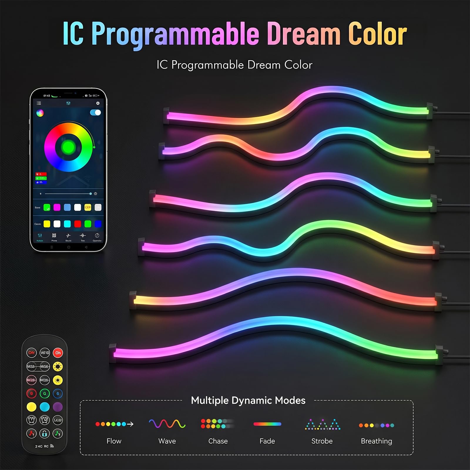 Illuminazione per Pannelli Acustici, Dimmerabile Sezionabile LED Integrati 6 LED Strisce RGB Dream Color 100cm Sincronizzazione Musicale Telecomando Regolazione Colore e Luminosità Controllo App