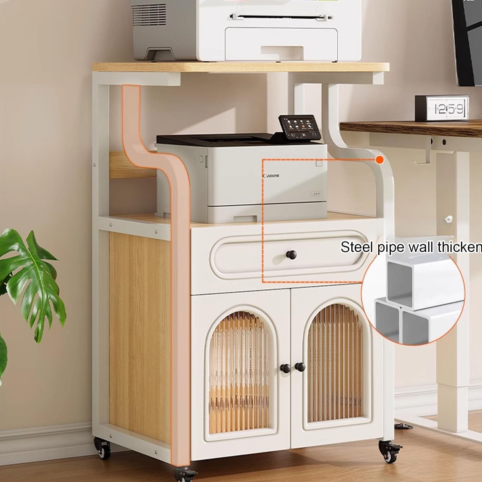 Generisch Mobiler Druckerständer mit Metallrahmen, 3-stufiger Druckerwagen für das Home Office, große Lagerregale und Schublade, kompaktes Druckerregal (weiß, 55 x 40 x 92 cm)