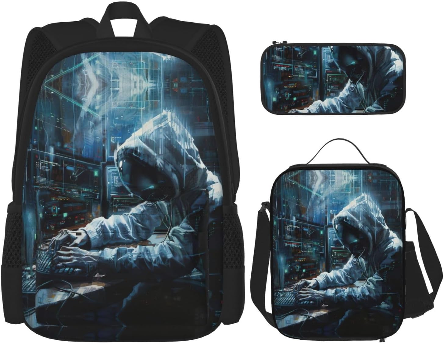 Hacker Attack Backpack With Lunch Box 3 In 1 Set With Pencil Case, Large Capacity Backpack With Chest Strap