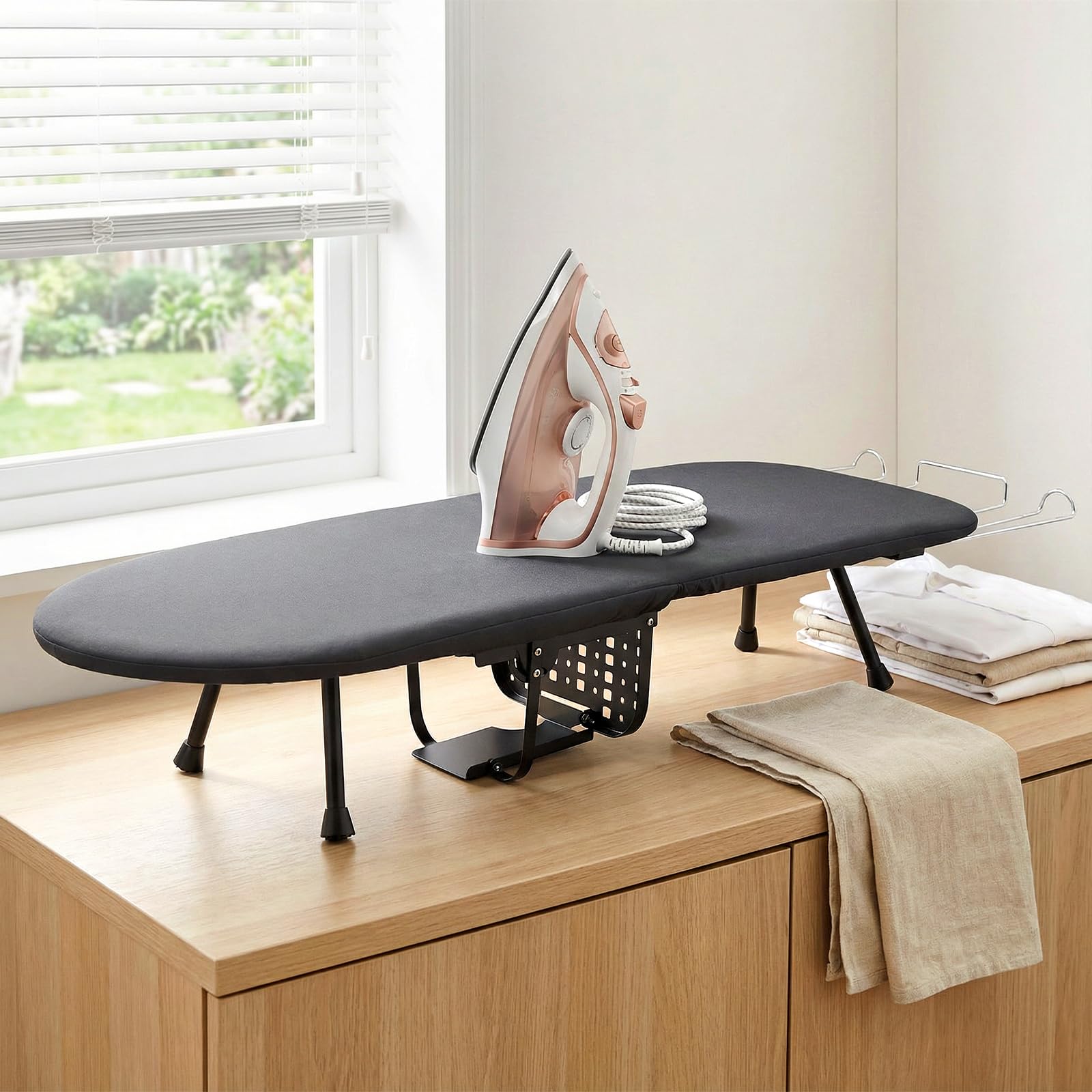 Tabla de planchar plegable, 81 x 30 cm, plegable, con estructura de acero y funda de algodón, pies antideslizantes, tabla de planchar compacta con soporte para tabla de planchar, planchado rápido