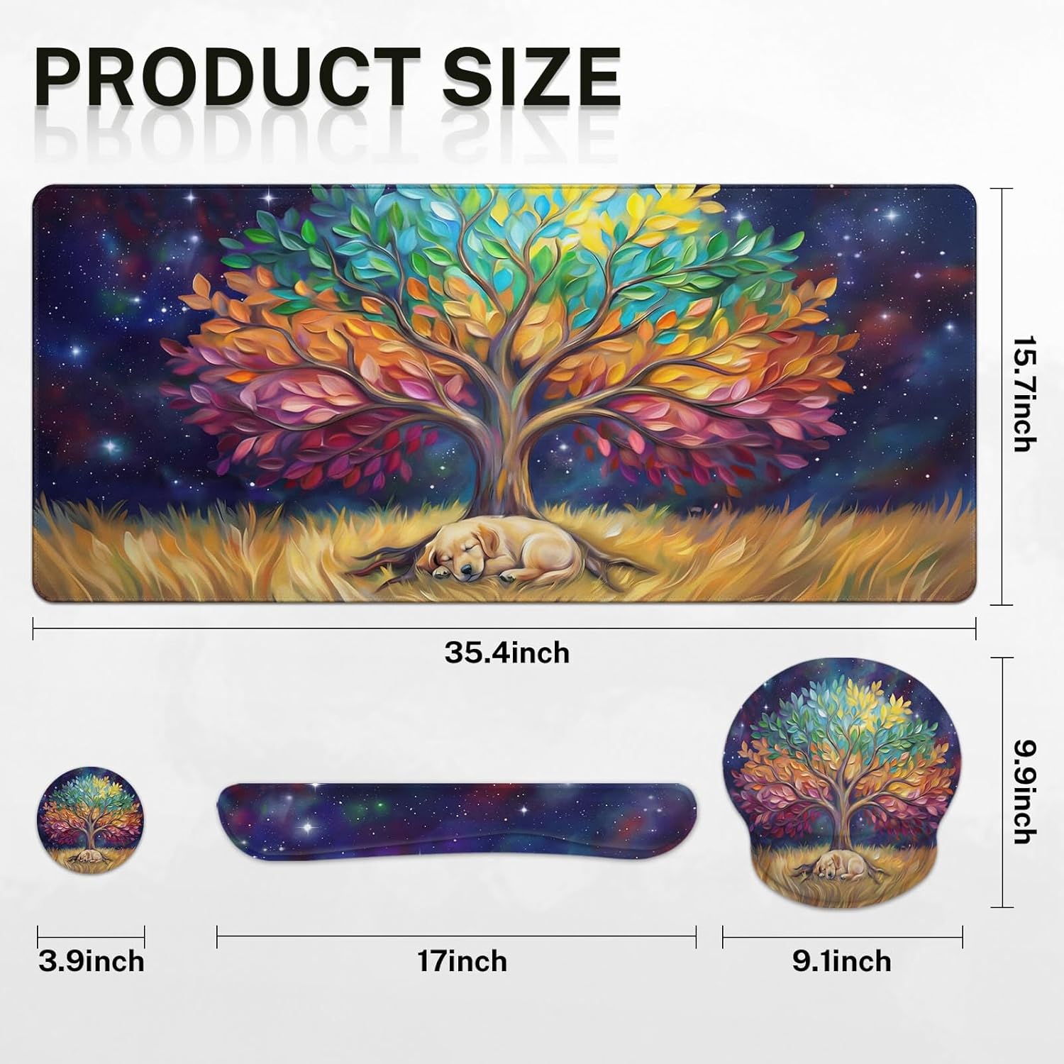 Britimes Colorful Tree Oil Painting Keyboard Mouse Pad Set Cute Dog 4in1 Large Mousepad+Keyboard Wrist Rest+Mouse Wrist Rest+Coaster Ergonomic Design for Home Office Computer 35.4x15.7 inches