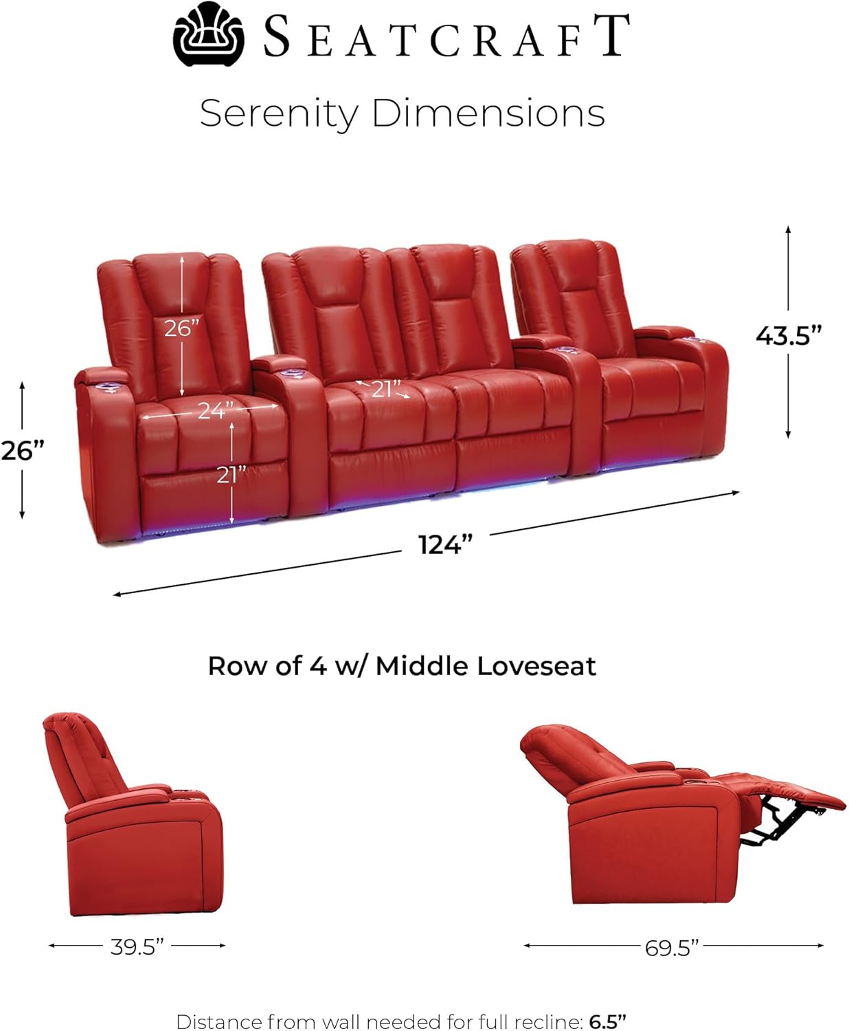 Seatcraft Serenity Italian Leather Home Theater Seating - Living Room - Power Recline - Tray Tables - in-Arm Storage - Ambient Base Lighting and Lighted Cupholders (Row of 4 Middle Loveseat, Red)