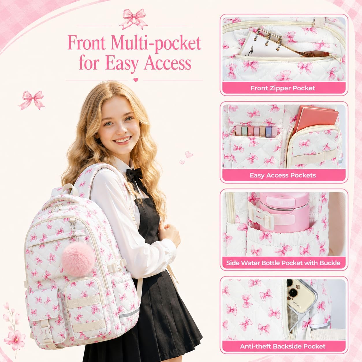 Quilted Backpack for Teen Girls, Cute Pink Bow School Backpack with Multi-Pocket Design, Lightweight Cotton Bookbag Fits 15.6" Laptop, Large Capacity Aesthetic Backpack with Plush Charm