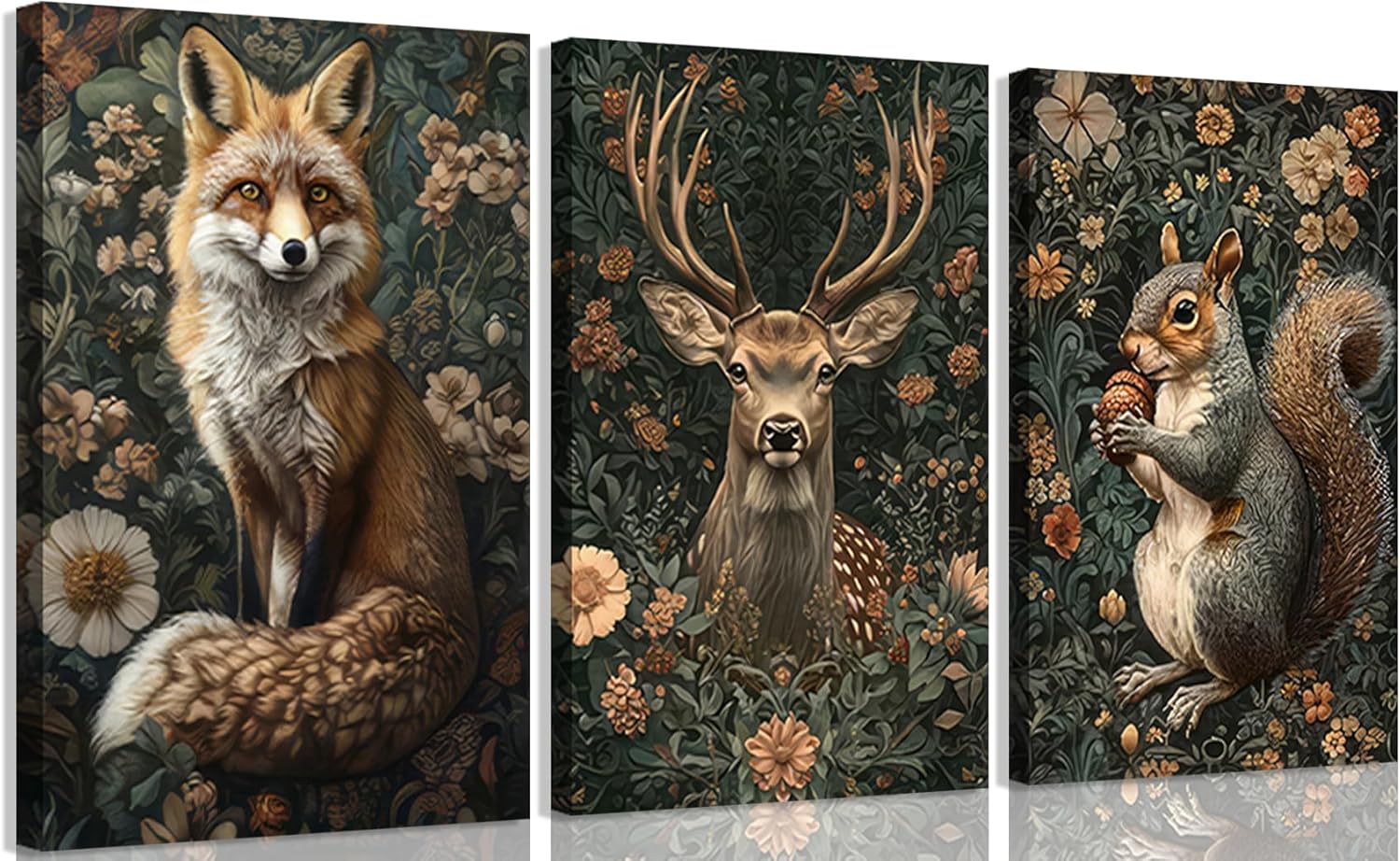 3Pcs Dark Forest Animal Canva Wall Art Vintage Fox Deer Squirrel Painting Picture Wall Decor Victorian Gothic Botanical Flower Poster Print Artwork for Living Room Bedroom Home Decoration Framed