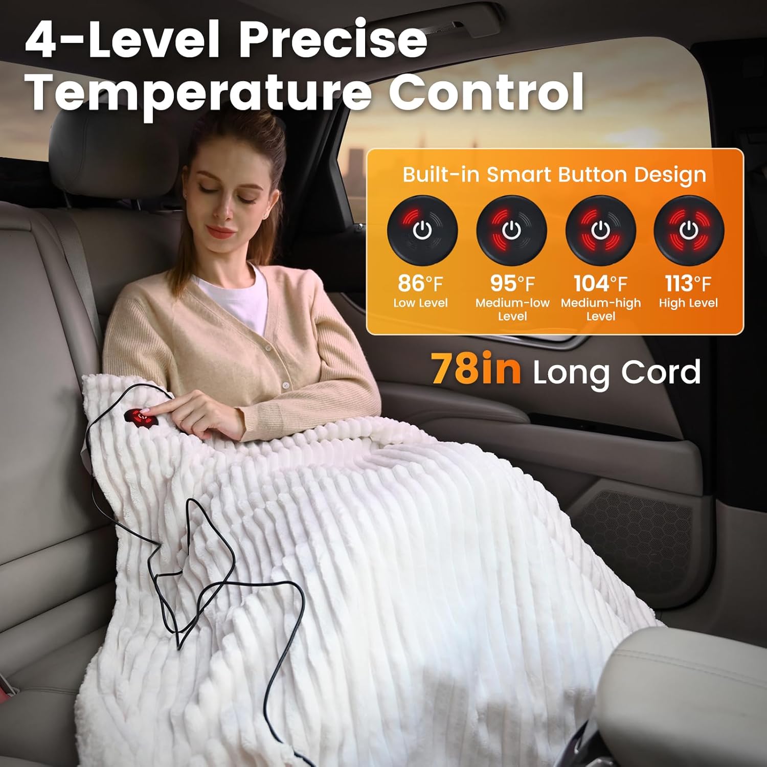 WOOMER 12V Heated Blanket for Car – Soft Faux Fur & Cozy Sherpa with 2 Output USB Ports (1A +1 C) 4 Heating Levels & 4 Hours Auto Off, Machine Washable, 59" X 43", Beige