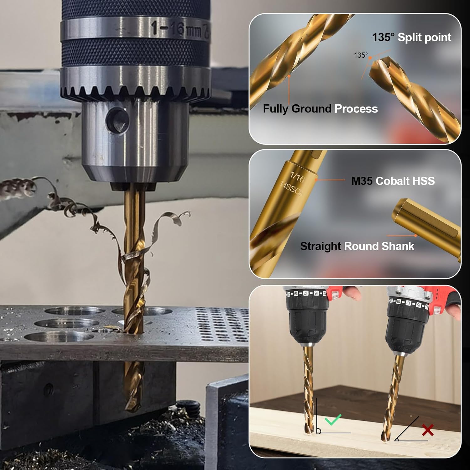 Luckyway 1/16" Cobalt Drill Bit (20 Pcs), Jobber Length Twist Drill Bit Set for Hard Metal, Stainless Steel, Cast Iron, Wood and Plastic, with Storage Case