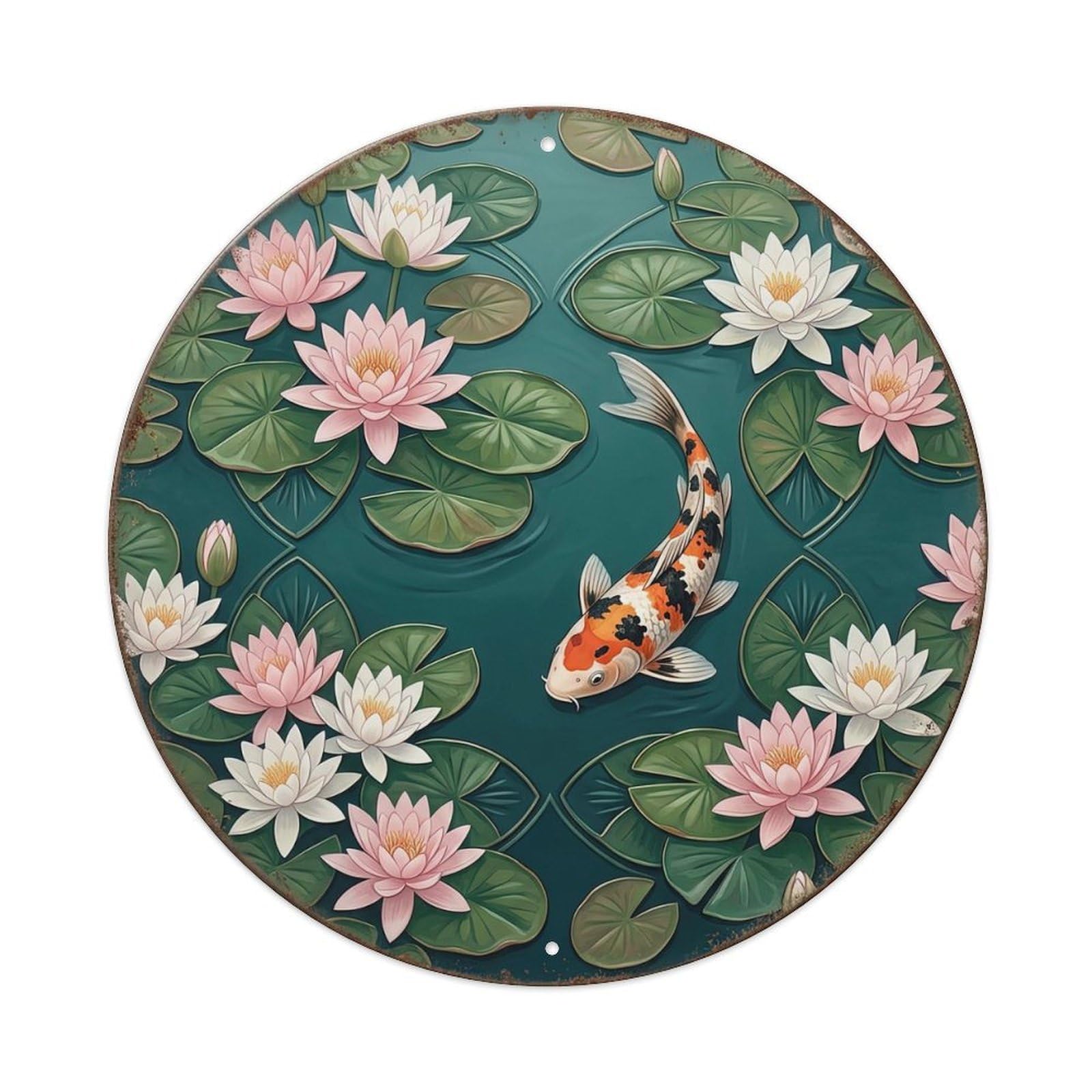 Water Lily Dream Float Koi Fish Metal Tin Sign Plaque Wall Decor for Cafe, Club, Garden Round Metal Poster 8x8Inch