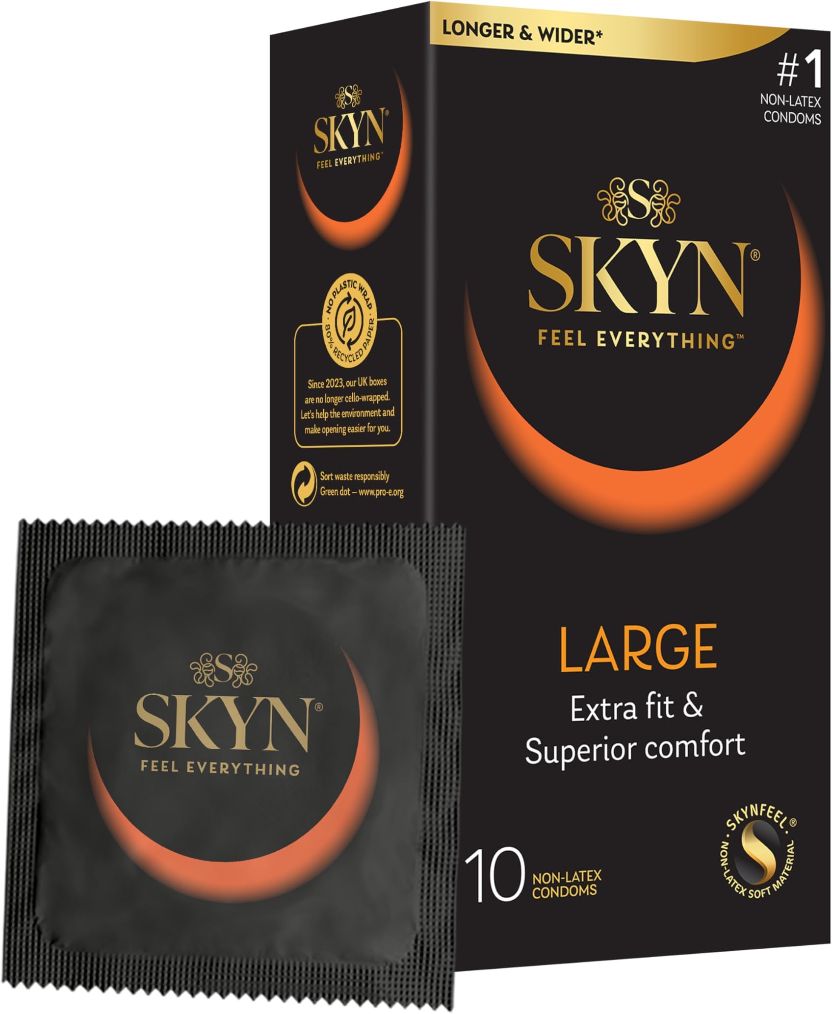 SKYN Large Condoms Pack of 10 SKYNFEEL Latex Free Condoms for Men, Extra Large, XL, Thin, Smooth Straight Shape, Lubricated, 56mm Wide