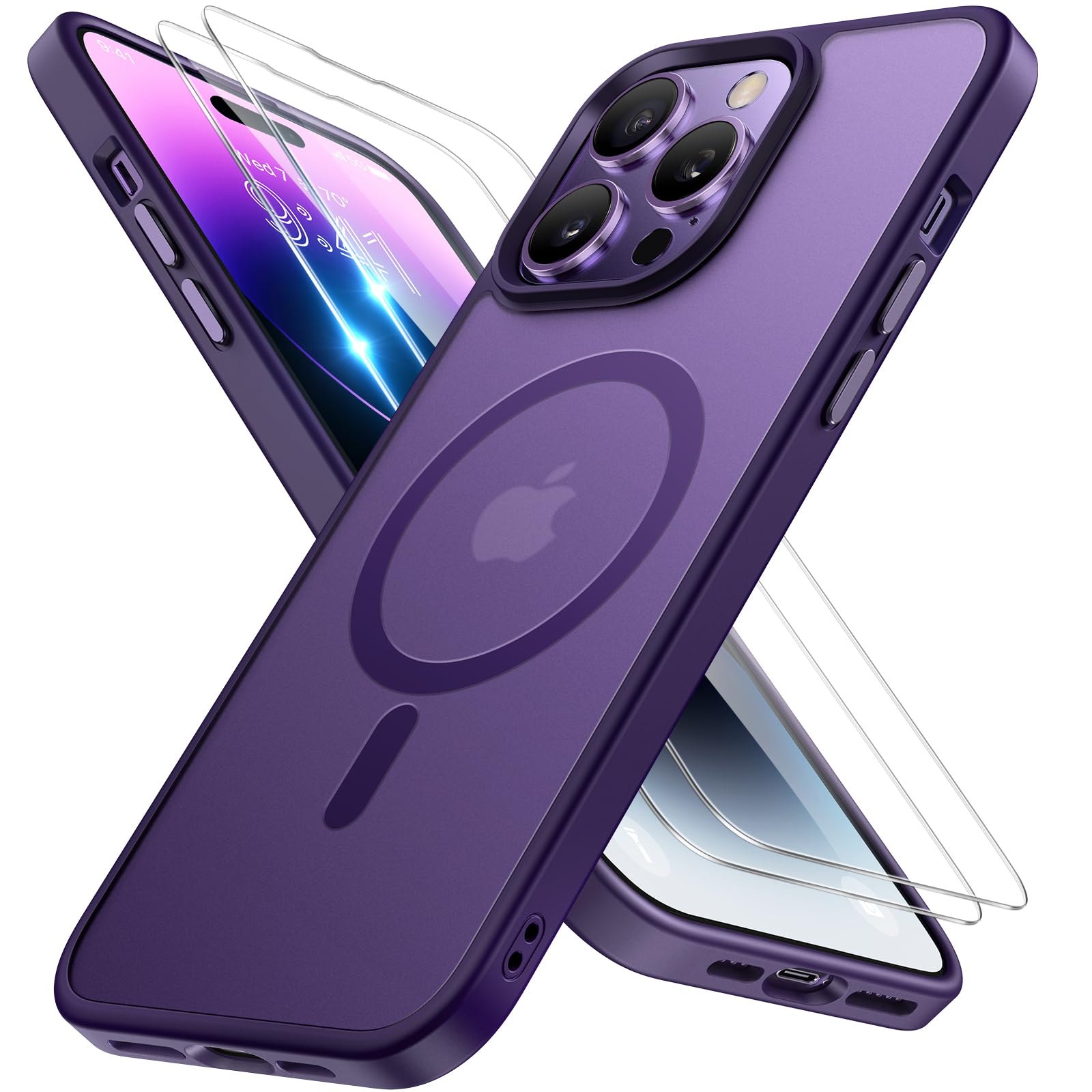 miracase Magnetic for iPhone 14 Pro Max Case 6.7 inch (Compatible with MagSafe)（with 2X Screen Protectors） Military-Grade Protection, Anti-Fingerprint Translucent Matte Phone Case Cover, Dark Purple