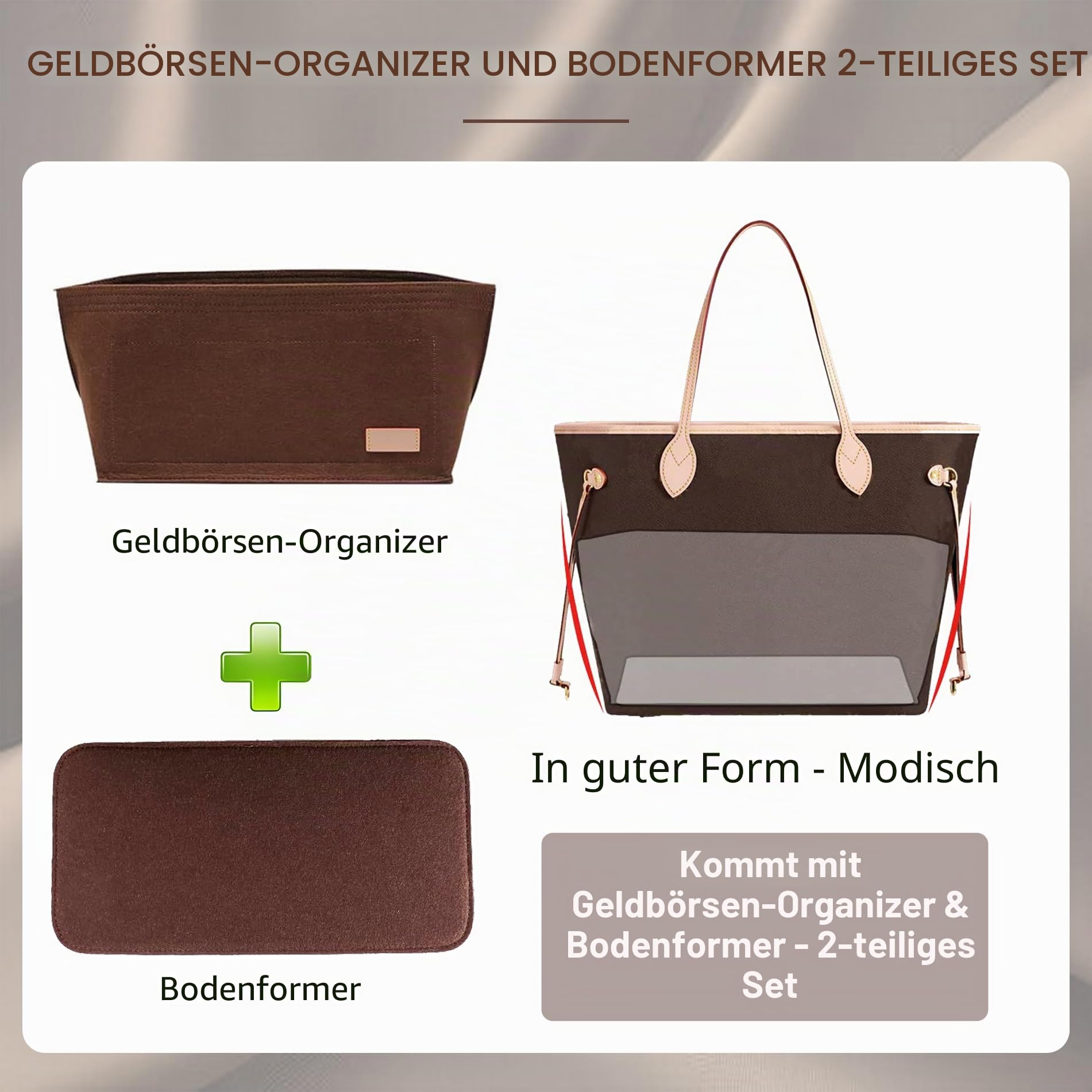 Doxo Geldbörsen-Organizer-Einsatz für Handtaschen und Tragetaschen, Filztasche, passend für Speedy und Neverfull Onthego, 3 Größen/6 Farben, braune Tasche + braune Grundform, groß