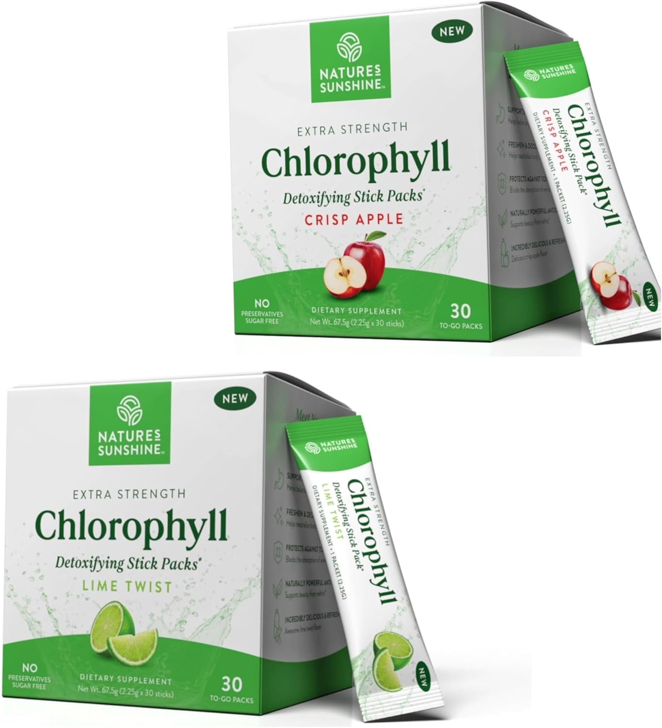 Nature's Sunshine Chlorophyll Stick Pack Duo (60 to-Go Sticks) – Detox & Gut Health Support in Convenient Stick Packs (Lime Twist & Crisp Apple Flavors)