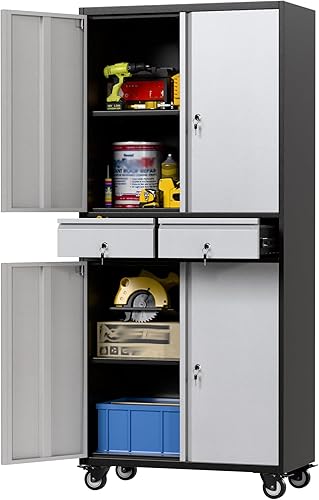 Miniatura 147 de Armario de almacenamiento de garaje con ruedas, gabinete de herramientas de metal de 35.43 pulgadas de alto con tablero de clavijas y 4 ganchos