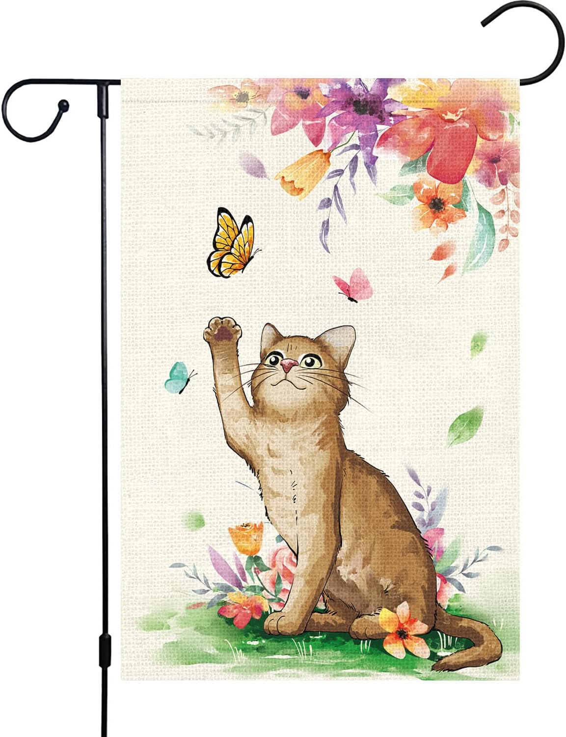 Spring Garden Flag Cat 12x18 Double Sided, Burlap Small