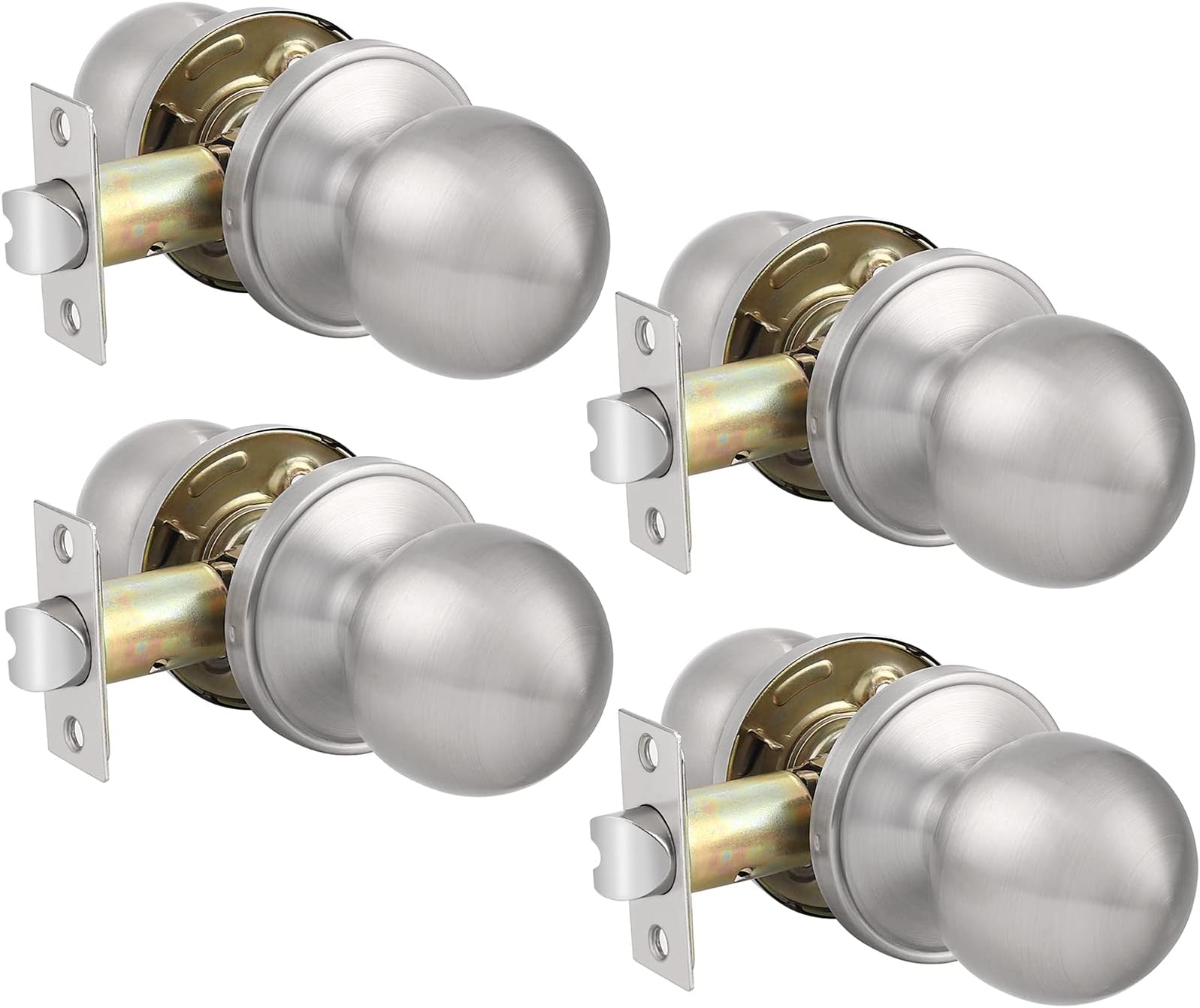 Probrico4 Pack Interior Passage Door Knob for Hallway Stainless Steel Closet Two Sides Round Door Knobs with Latch Satin Nickel
