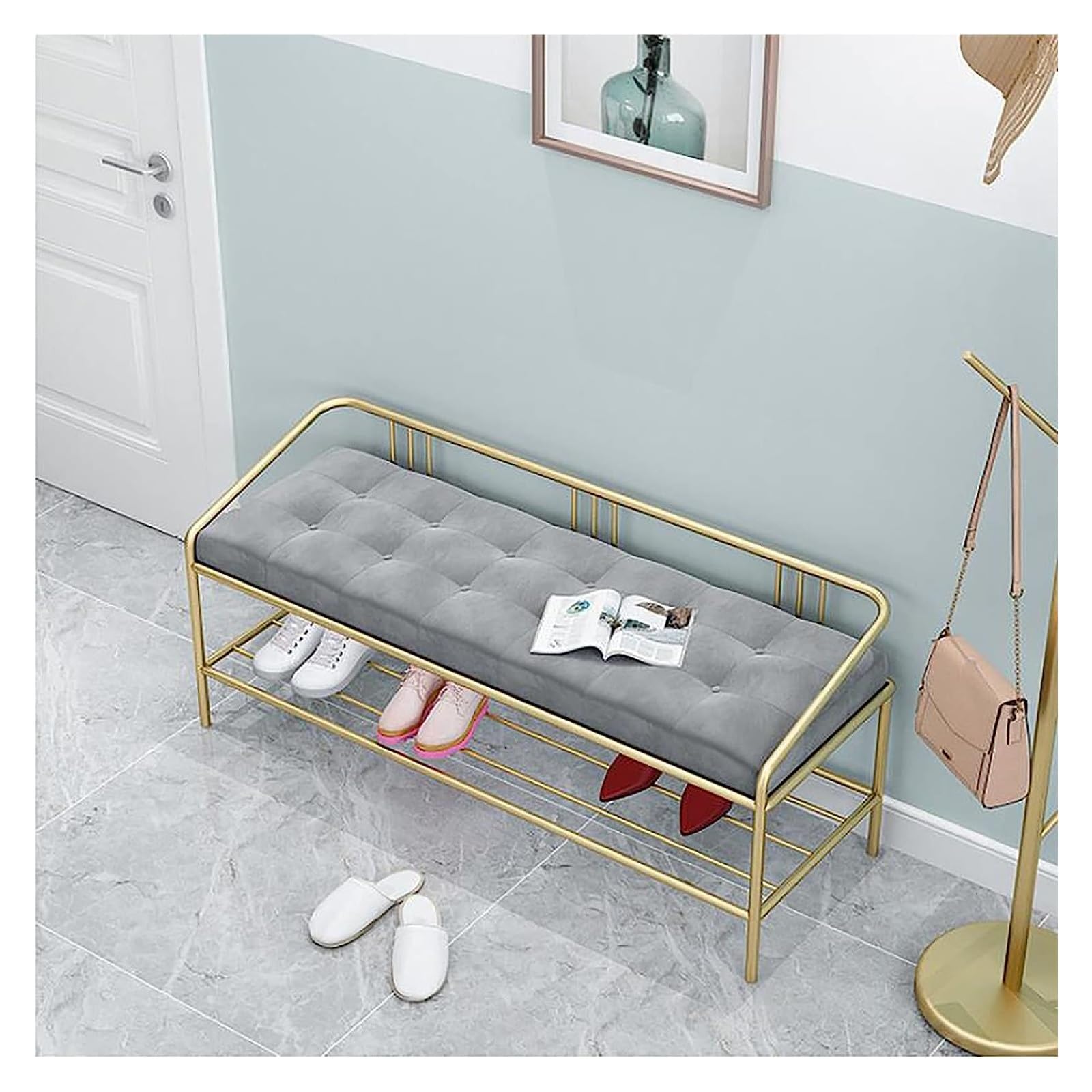 Banc de rangement à chaussures pour couloir en velours chic