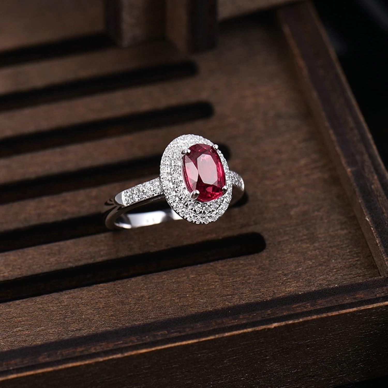 Engagement Ring 18K White Gold, Chunky Rings Vintage 1.2ct Oval Cut Ruby Ring Valentines Day Gift for Women