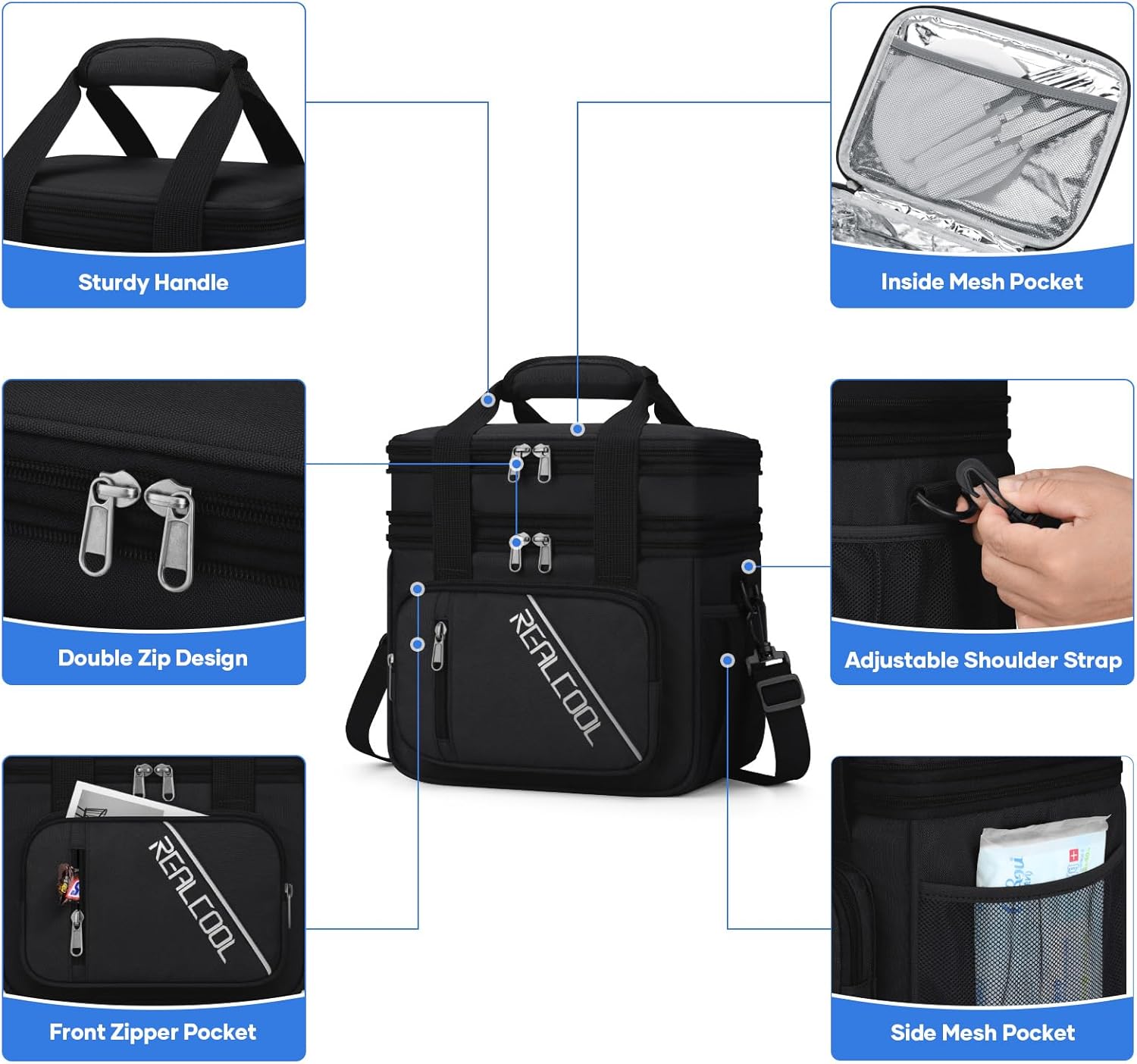 RealCool Lunch Bag, Insulated Lunch Box for Men Women, Double Deck Leakproof Soft Cooler Bag with Adjustable Strap, Reusable Lunchbox for Work, Travel, Camping (Black)