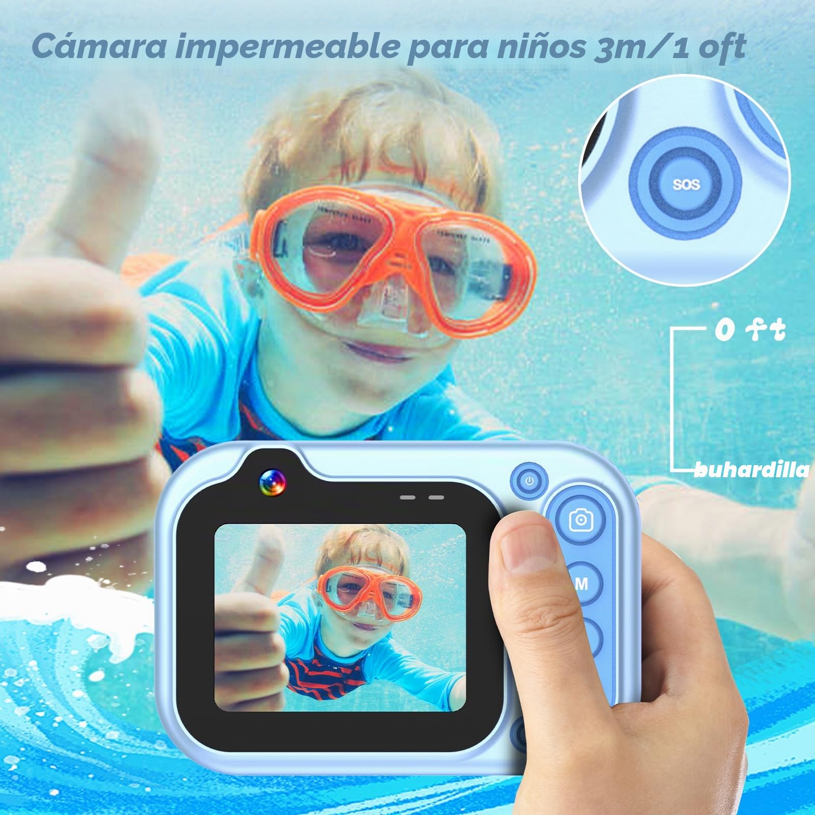 Cámara subacuática 10FT 1080P Full HD 26MP, 10X Zoom digital, para selfies, natación, playa, parque acuático - Azul