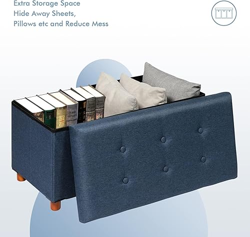 Miniatura 45 de PINPLUS Cubo otomano de almacenamiento, reposapiés de lino con patas de madera, reposapiés de tela plegable, asiento cómodo con tapa, otomana con