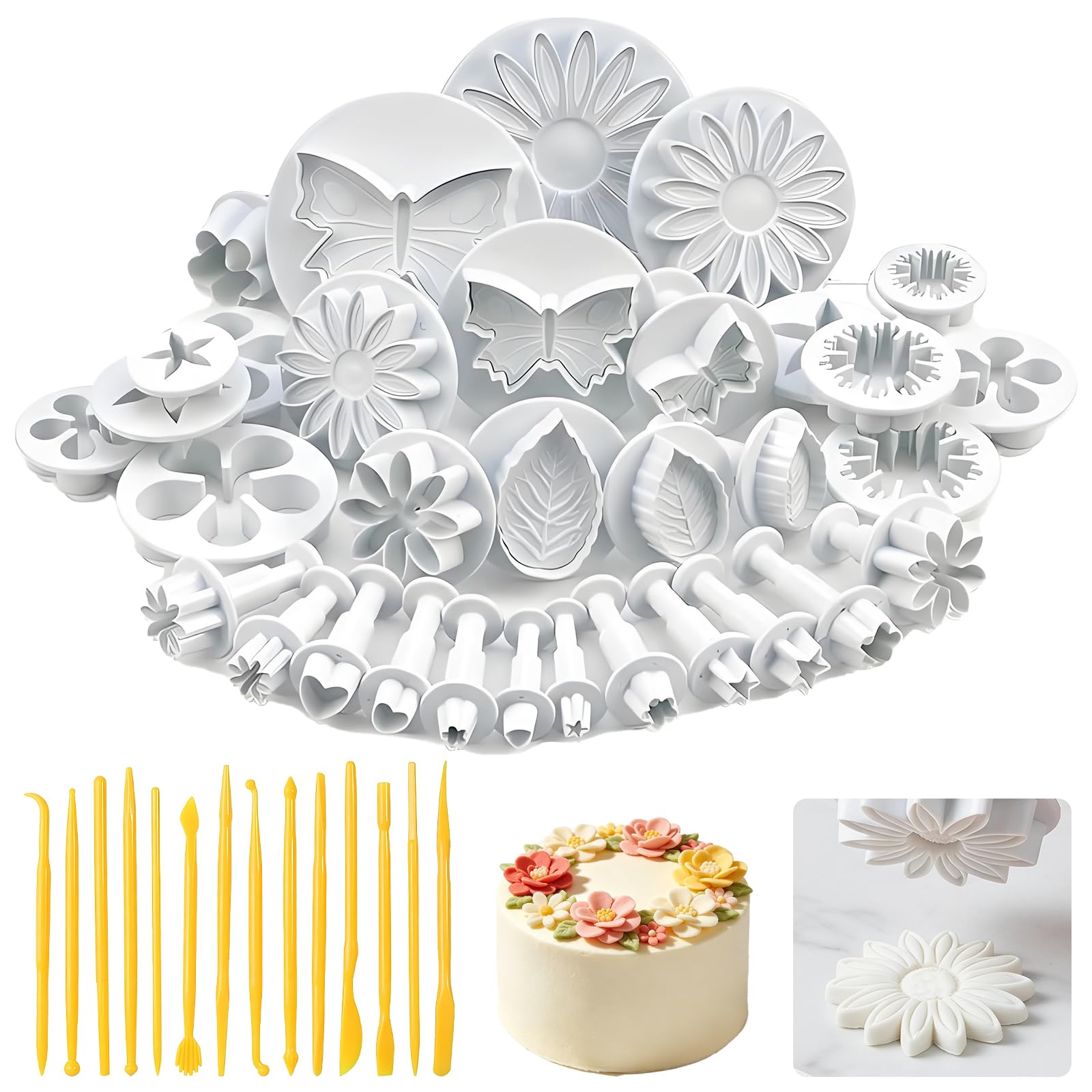 47 Pcs Fondant Plunger Cutters Set, DIY Cake Cookie Decorating Tools, Including Flower, Leaf, Heart, Butterfly, Snowflake with Clay Tools, Ideal for Baking & Cake Decoration