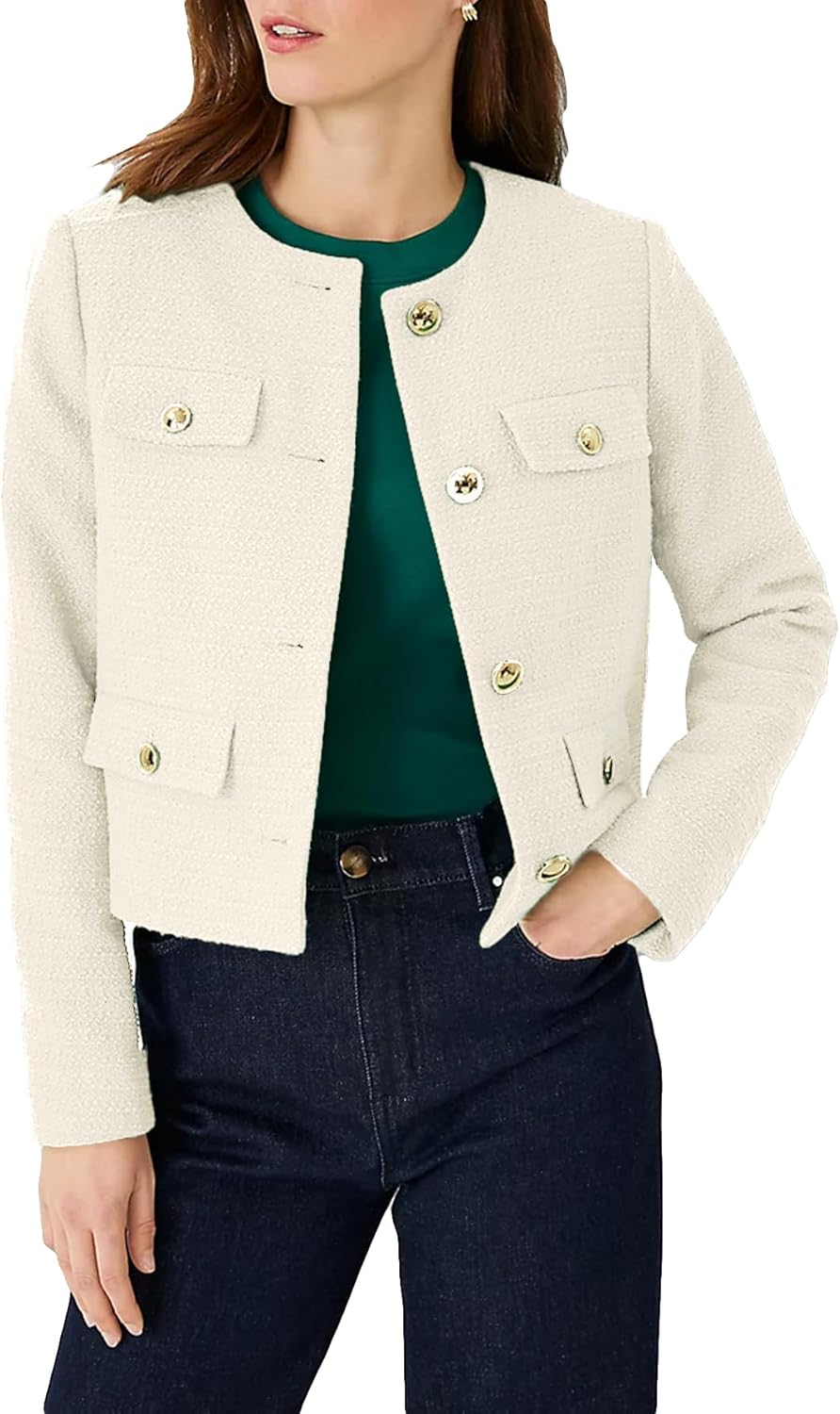 YEXPINE Cropped Tweed Blazer Jackets for Women Elegant Slim Collarless Business Casual Outfits