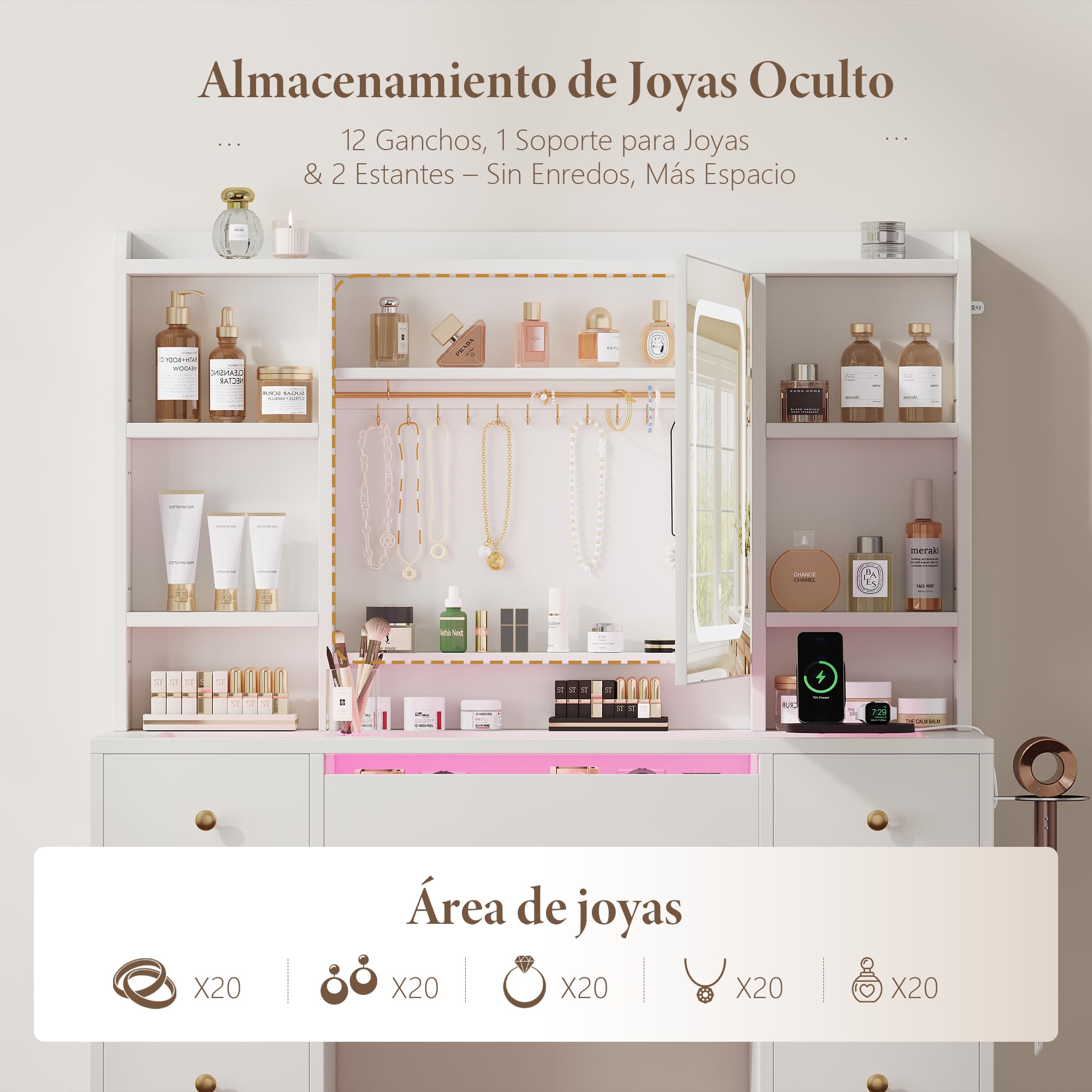Heybly Tocador de Maquillaje con Espejo LED y Luz, Tocador Grande con Cajones y Cristal, Luces RGB, Enchufes y Puertos USB, Tocador Moderno Blanco para Dormitorio BDT001WT