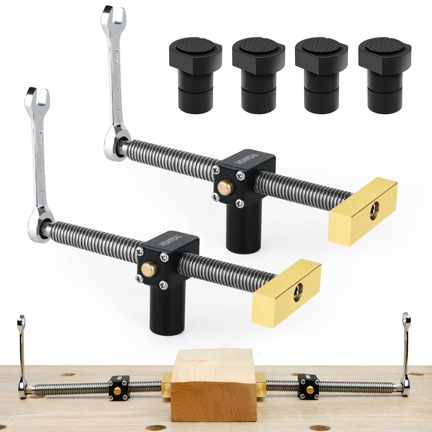 ViewReal 2 Pack Bench Dog Clamps, 3/4" Adjustable Dog Hole Clamp with 4 Pack Non-Slip Bench Dogs, Upgraded Quick-Shift Structure, MFT Table Compatibility