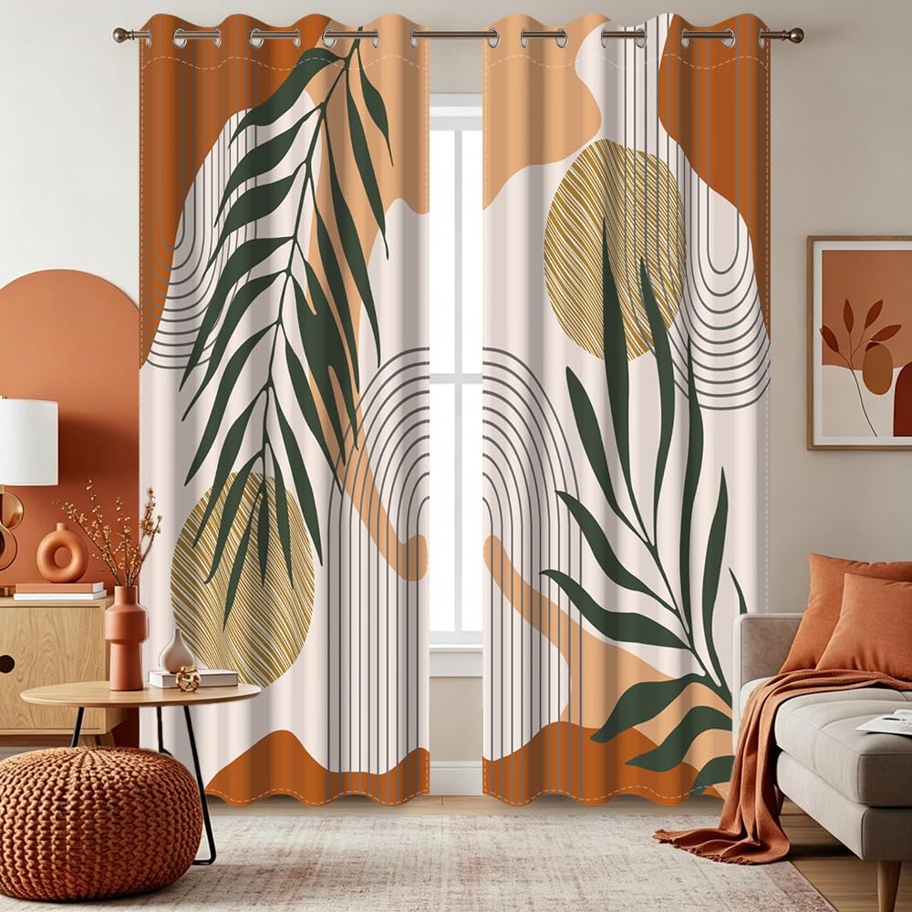 Tende Boho Astratta, Tende Oscuranti Foglie Verde Terracotta Geometrico Tende Termiche Isolanti Freddo Tende Oscurante con Occhiello per Camera de Letto Interni Soggiorno, 2 Pezzi, 140x225cm