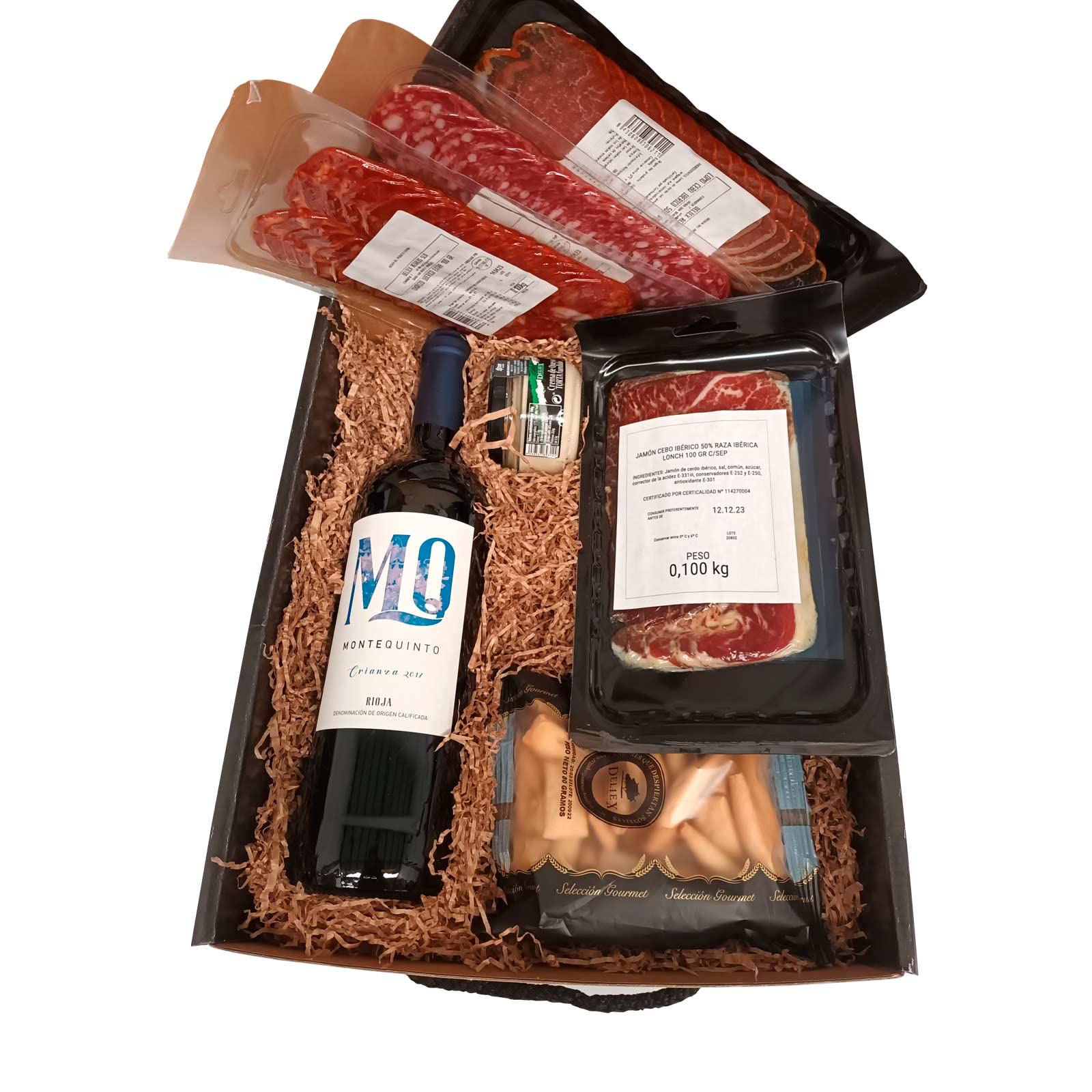 Lote regalo gourmet - Picoteo 10 - Vino Montequinto, loncheados ibéricos y crema de torta de la serena y picosDeliex