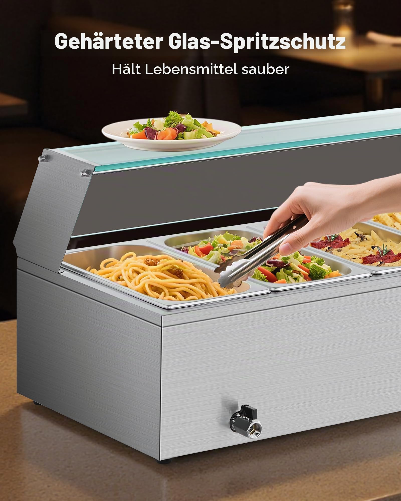 VEVOR kommerzieller Speisenwärmer (6 x 1/3 Größe Behälter), 1,5 kW elektrischer Wärmebehälter aus Edelstahl mit Glasabdeckung & Suppenkelle, Chafing Dishes für Catering Restaurant Party