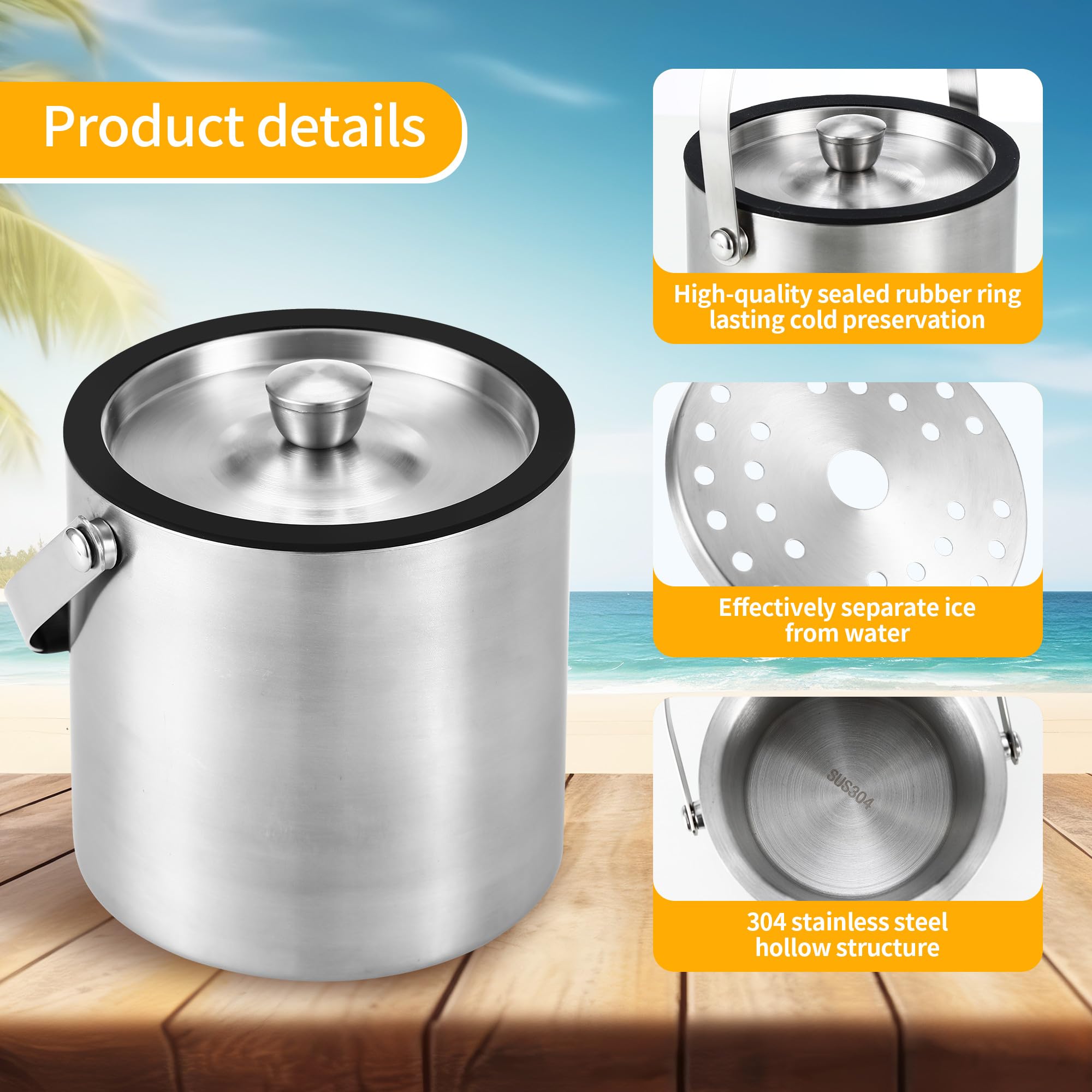 1.6 litri Secchiello Ghiaccio, Secchiello Ghiaccio In Acciaio Inox con Coperchio sigillante, Colino e pinze per Ghiaccio, Perfetto per cocktail Bar, Feste, Casa