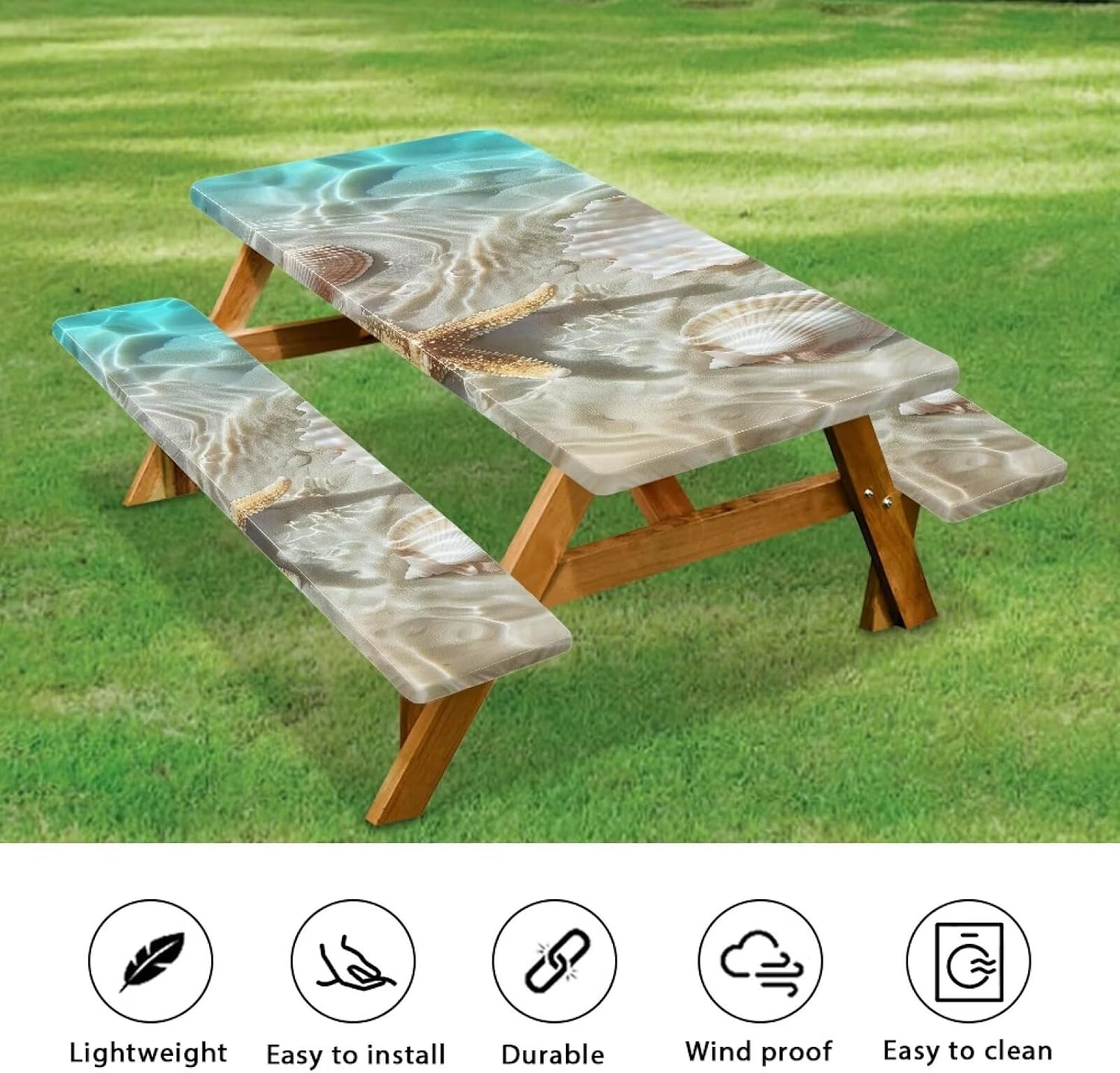 Beach Starfish Picnic Table Cover with Bench Covers Camping Essentials with Elastic Rectangle Tablecloths Fitted Tablecloth for Tables Fitted Rectangle Tables and Seats Size L