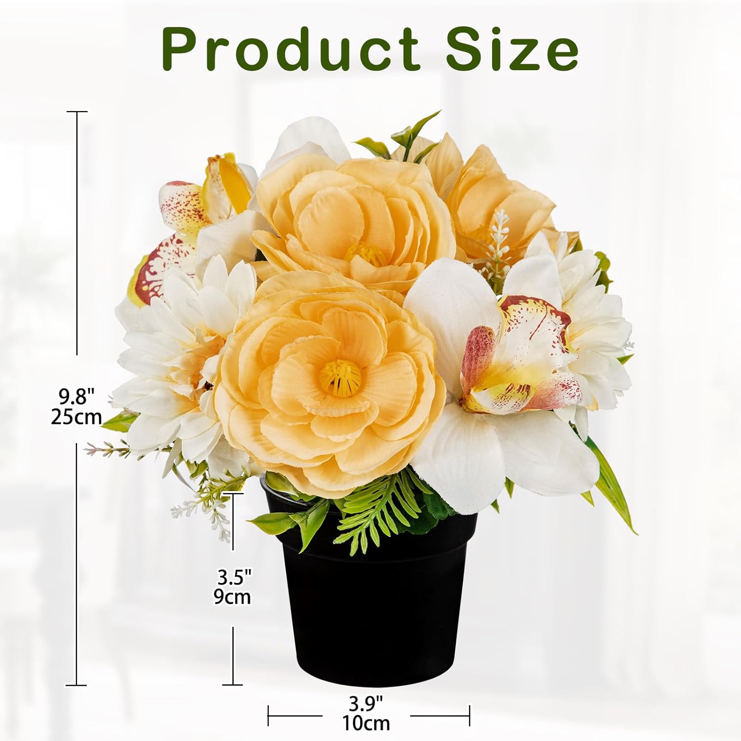 Hollyone 2Pcs Artificial Cemetery Flowers for Grave in Vase Silk Rose Lily Flower Arrangements Cemetery Decorations Memorial Flowers with Pot for Outdoor Headstones Decoration Yellow